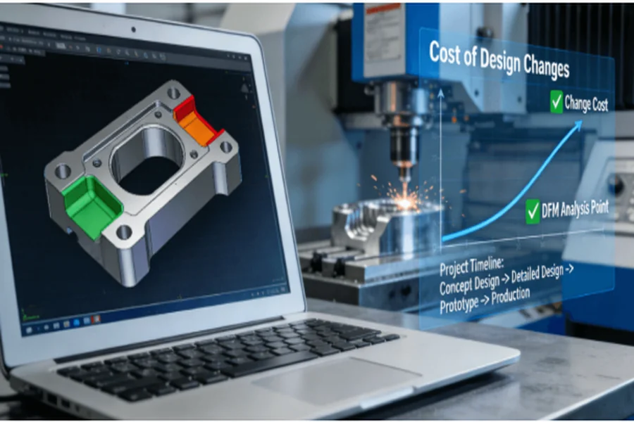 A professional visualization showing a CAD model undergoing DFM analysis on a laptop, with a graph illustrating how early DFM integration prevents exponential cost increases in later production stages.
