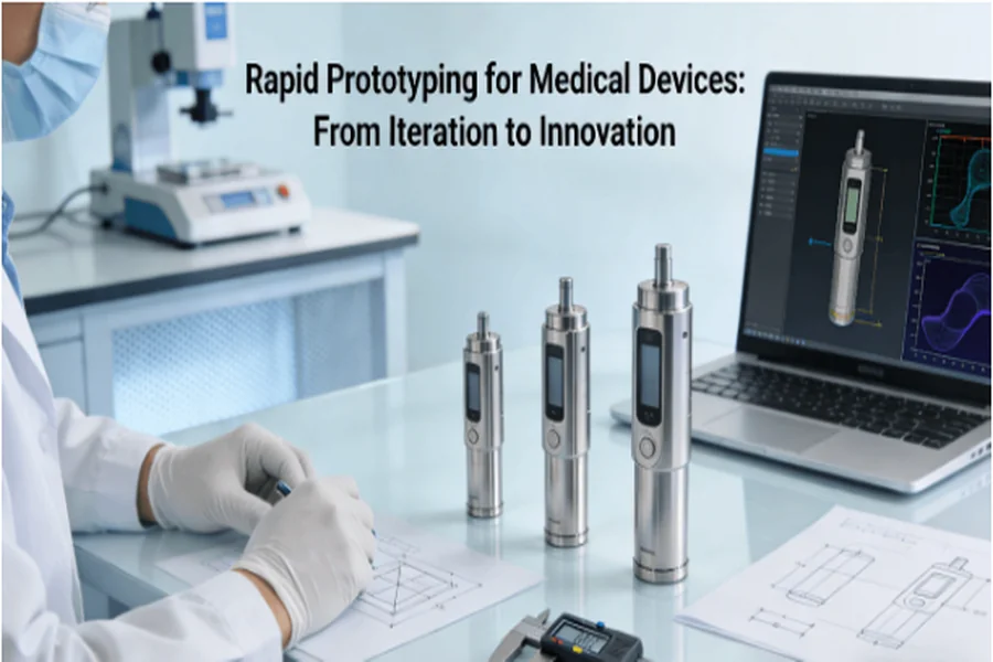 Engineer in a lab validates insulin pump prototypes using calipers and CAD data, demonstrating the rapid prototyping process for medical devices.